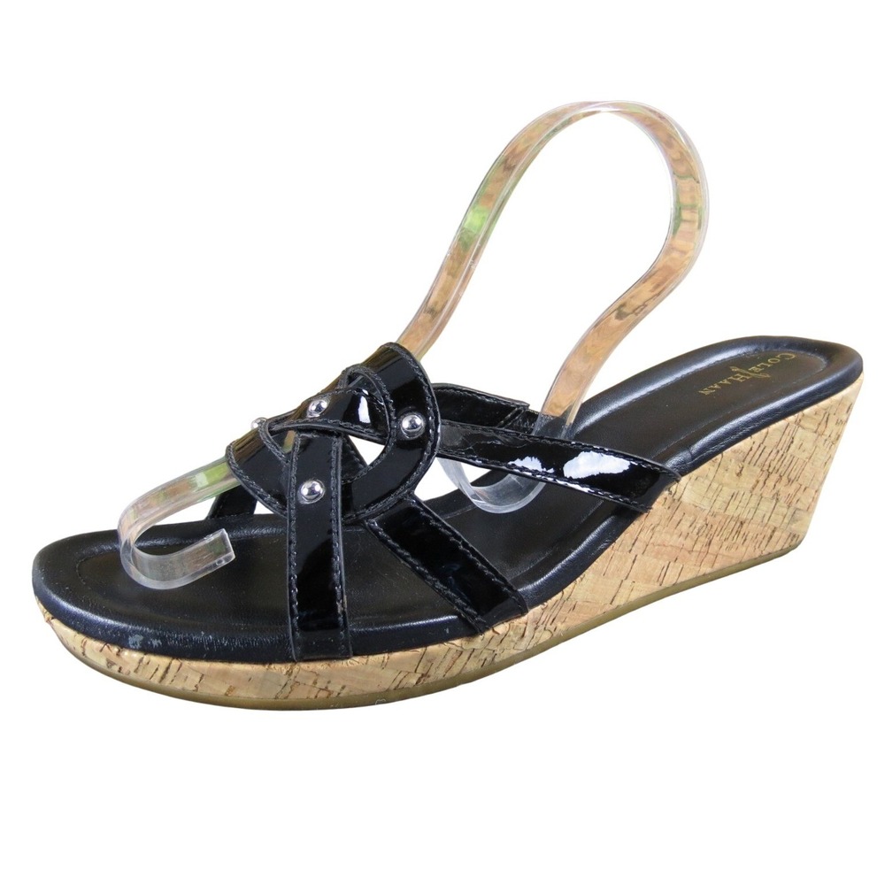 Cole Haan Women's 10B Black Patent Leather Wedge Sandals Cork Heel Comfort